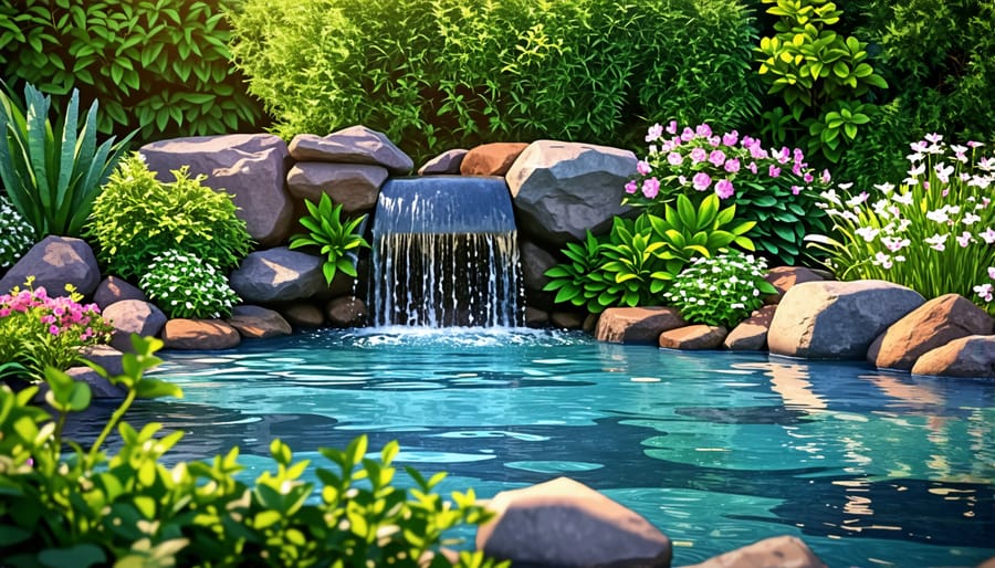 Tranquil backyard pond oasis with waterfall and vegetation