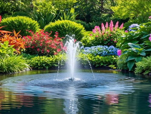 A vibrant water garden with a fountain aerating the pond, surrounded by lush aquatic plants and creating a harmonious ecosystem.