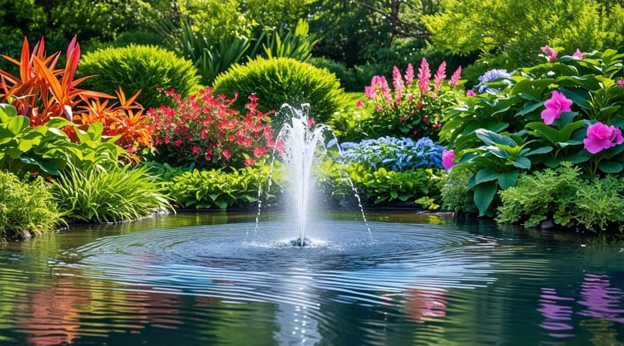 A vibrant water garden with a fountain aerating the pond, surrounded by lush aquatic plants and creating a harmonious ecosystem.