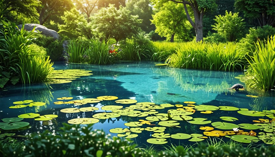 Natural pond filled with aquatic plants and a few ducks swimming