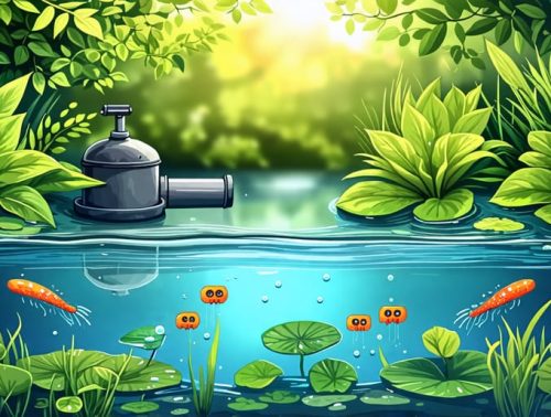 Illustration of a serene pond with clear water and aquatic plants, featuring a DIY biological filter system partially submerged. Beneficial bacteria are shown as icons working in the water, representing natural filtration.