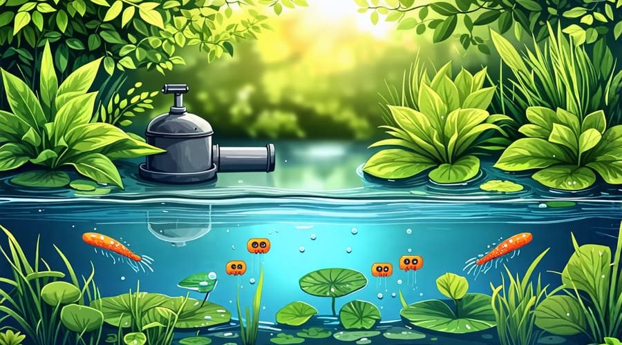 Illustration of a serene pond with clear water and aquatic plants, featuring a DIY biological filter system partially submerged. Beneficial bacteria are shown as icons working in the water, representing natural filtration.