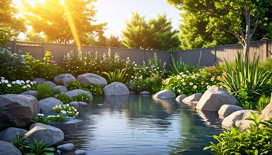 Sunny backyard featuring a natural small pond with rocks and plants