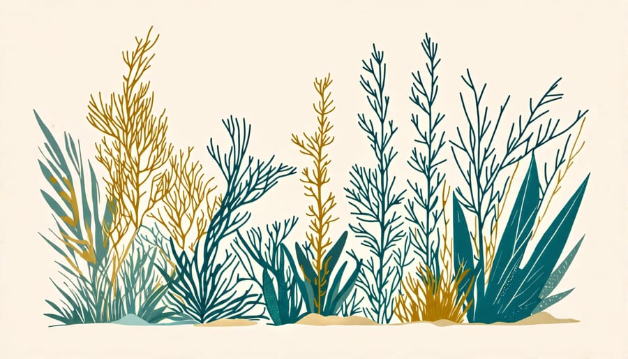 Ocean plants showcasing their adaptation to saltwater, including specialized roots and leaves