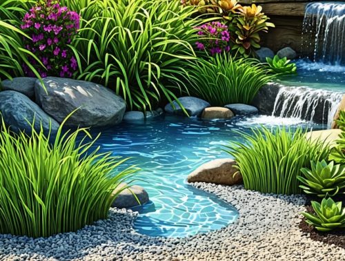 A picturesque water garden showcasing ocean-inspired adaptations, such as salt-tolerant plants like eelgrass amid varied substrates, with a fountain simulating ocean currents and creating a dynamic aquatic environment.