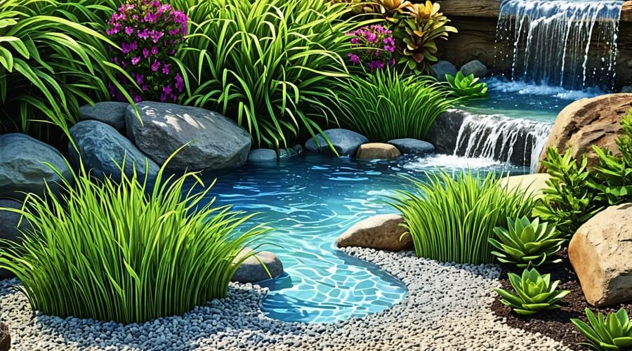 A picturesque water garden showcasing ocean-inspired adaptations, such as salt-tolerant plants like eelgrass amid varied substrates, with a fountain simulating ocean currents and creating a dynamic aquatic environment.