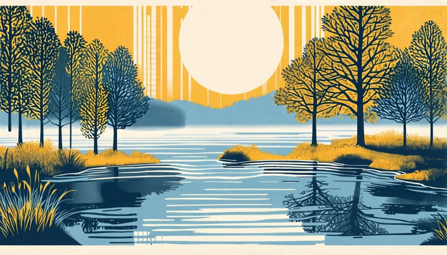 Illustration depicting a backyard with ideal sun exposure and tree distance for pond placement