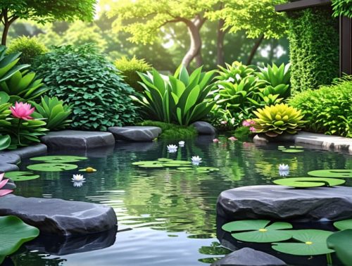 A tranquil Zen pond in a backyard setting featuring smooth stone edges, vibrant water lilies, and surrounding greenery, embodying simplicity and harmony.