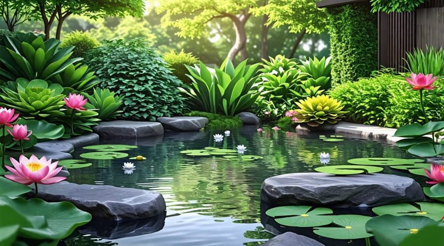 A tranquil Zen pond in a backyard setting featuring smooth stone edges, vibrant water lilies, and surrounding greenery, embodying simplicity and harmony.