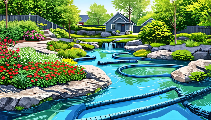 Illustration of how water circulates in a pond using pumps and filters