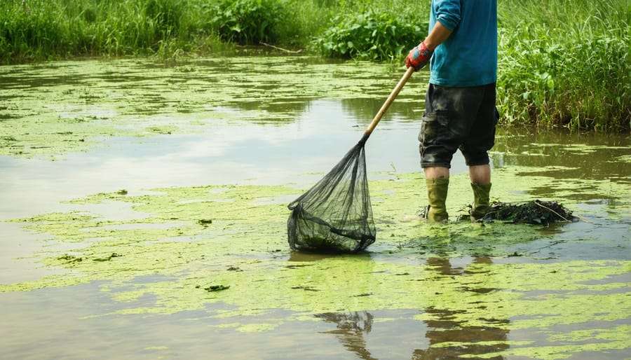 Pond maintenance demonstration featuring algae and debris removal