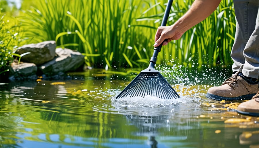 Pond owner maintaining a clean and clear backyard pond