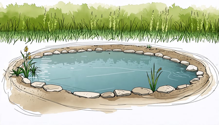 Step-by-step guide on digging and shaping a pond, highlighting key stages of construction