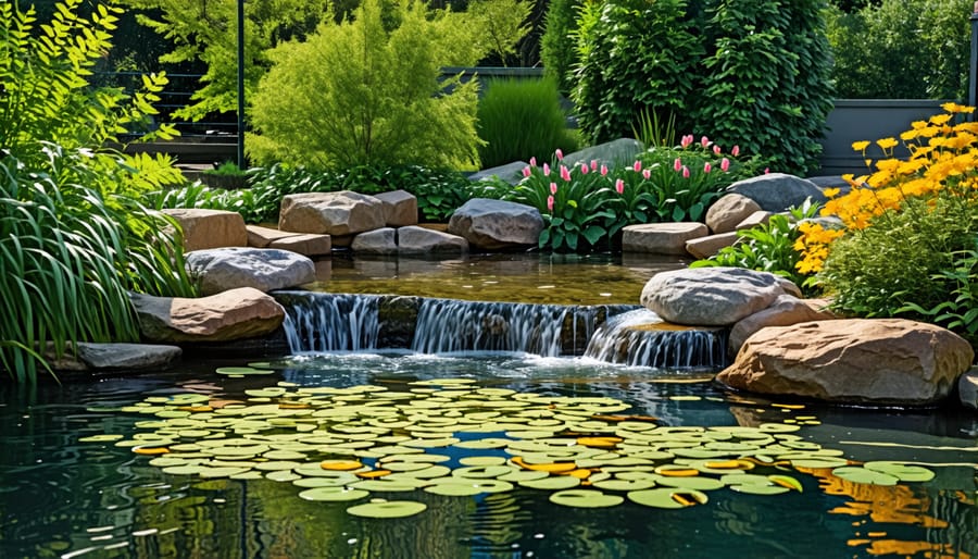 Series of images showing stages of pond construction from digging to edging