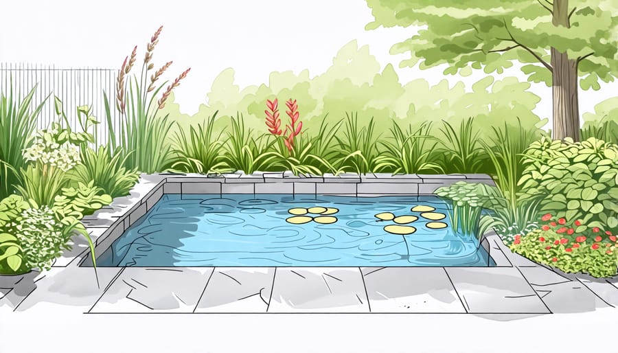 Illustrated diagram showing design options for backyard ponds including size and shape considerations