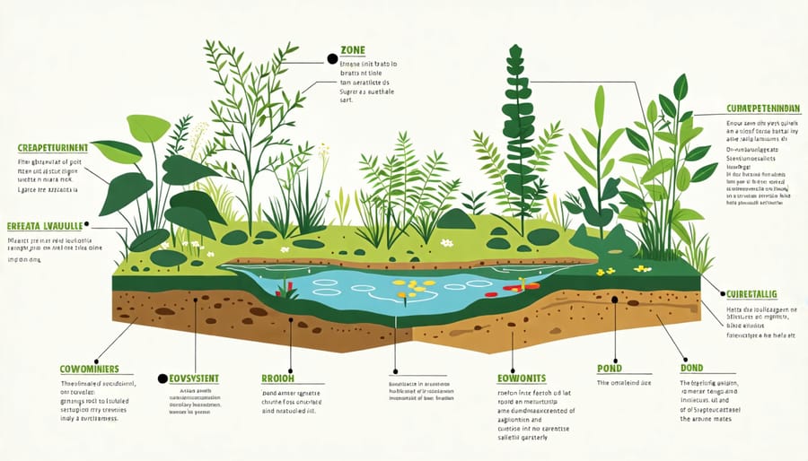 Diagram of a thriving pond ecosystem with aquatic plants, fish, and beneficial bacteria