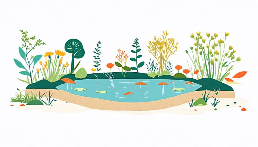 Illustration of a thriving pond ecosystem with plants, fish, and other organisms