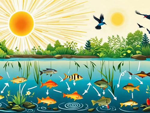 Illustration of the interconnected pond food chain, depicting the sun, aquatic plants, zooplankton, fish, amphibians, reptiles, birds, and decomposers.