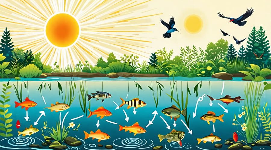 Illustration of the interconnected pond food chain, depicting the sun, aquatic plants, zooplankton, fish, amphibians, reptiles, birds, and decomposers.