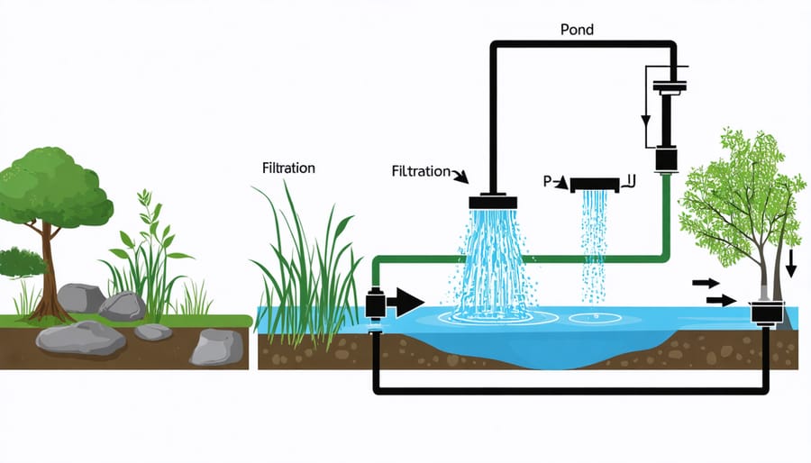 Schematic representation of a pond pump and filtration setup