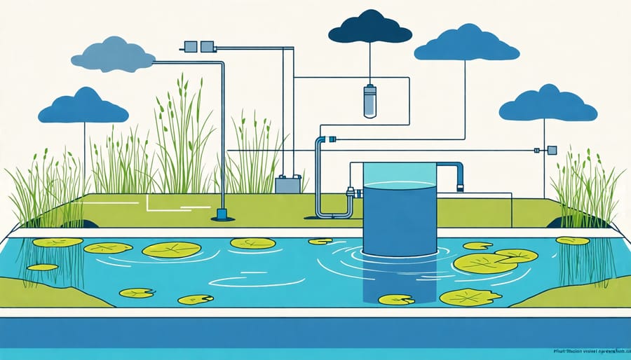 Illustrated cross-section of a pond with filtration components labeled