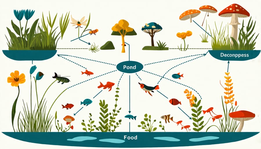 Diagram of the interconnected feeding relationships in a pond ecosystem