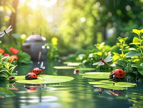 A peaceful water garden demonstrating a pest management balance with insects like aphids and snails coexisting with beneficial predators such as dragonflies and ladybugs, representing sustainable pest control strategies.