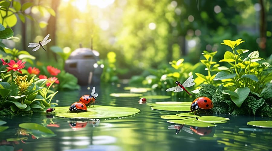 A peaceful water garden demonstrating a pest management balance with insects like aphids and snails coexisting with beneficial predators such as dragonflies and ladybugs, representing sustainable pest control strategies.