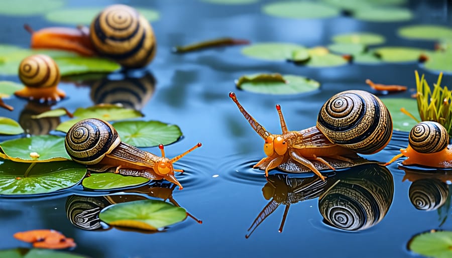 Various invertebrates such as dragonfly larvae and snails inhabiting a pond environment