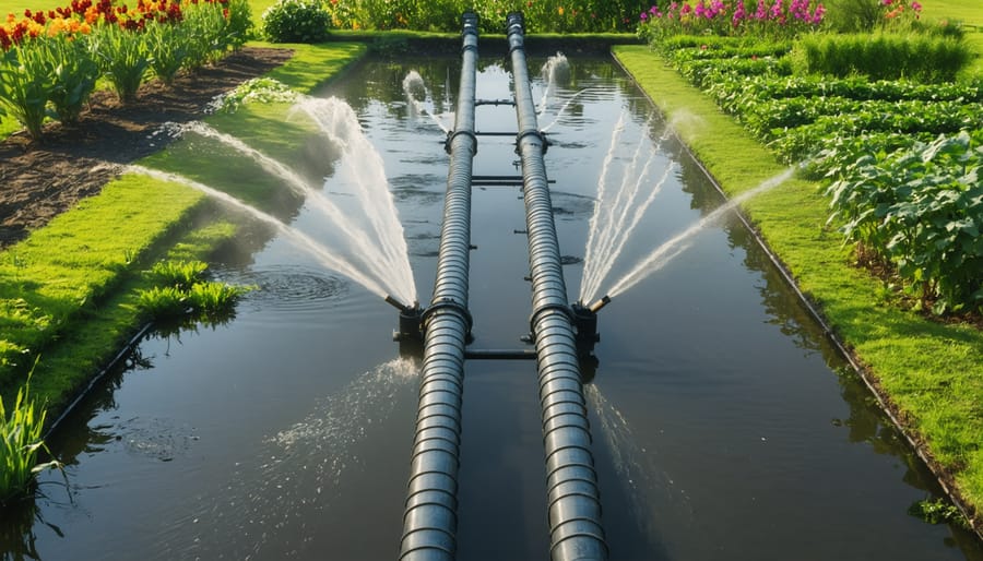 Bird's eye view of a pond irrigation system layout in a garden