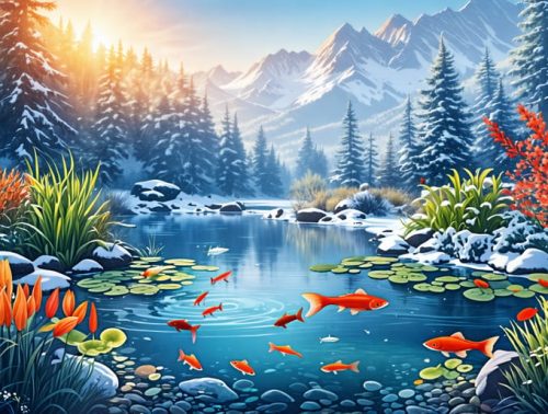 Illustration representing the seasonal dynamics of a pond ecosystem, with detailed layers of temperature stratification, diverse aquatic life, and surrounding vegetation, transitioning from a sunny summer day to a frozen winter scene.