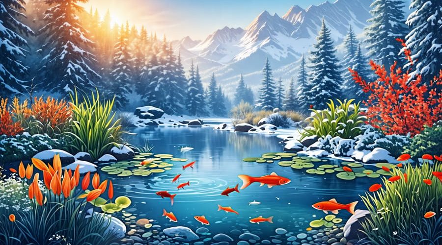 Illustration representing the seasonal dynamics of a pond ecosystem, with detailed layers of temperature stratification, diverse aquatic life, and surrounding vegetation, transitioning from a sunny summer day to a frozen winter scene.