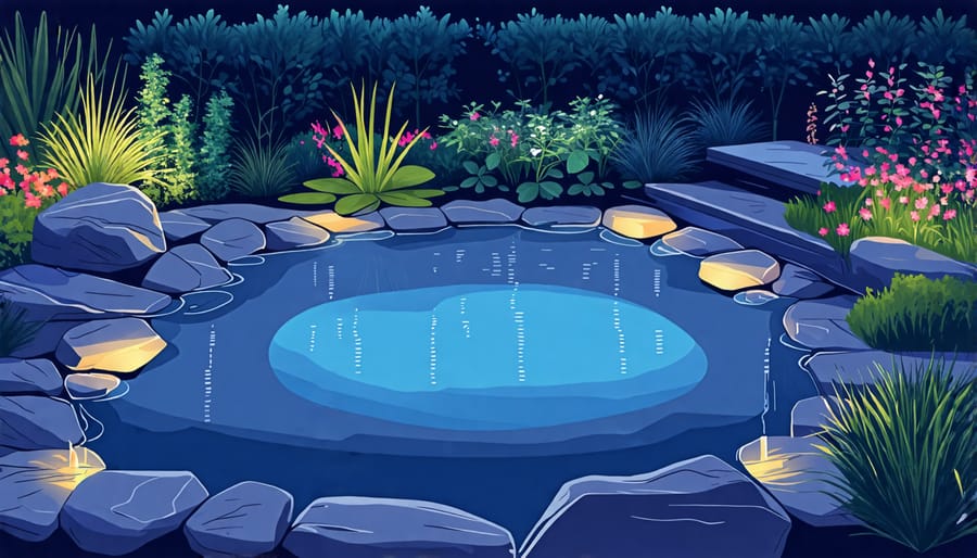 Illustration of strategic lighting placement and color choice for koi ponds