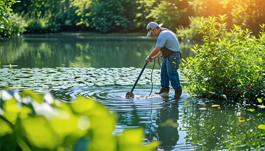 Person maintaining a pond by pruning plants and removing debris