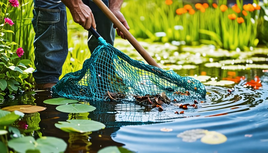 Pond owner using a net to skim the water surface and remove pests and debris