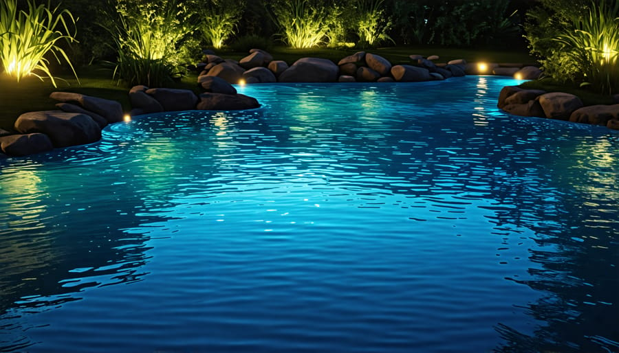 Pond illuminated by underwater lights, creating a serene night-time atmosphere