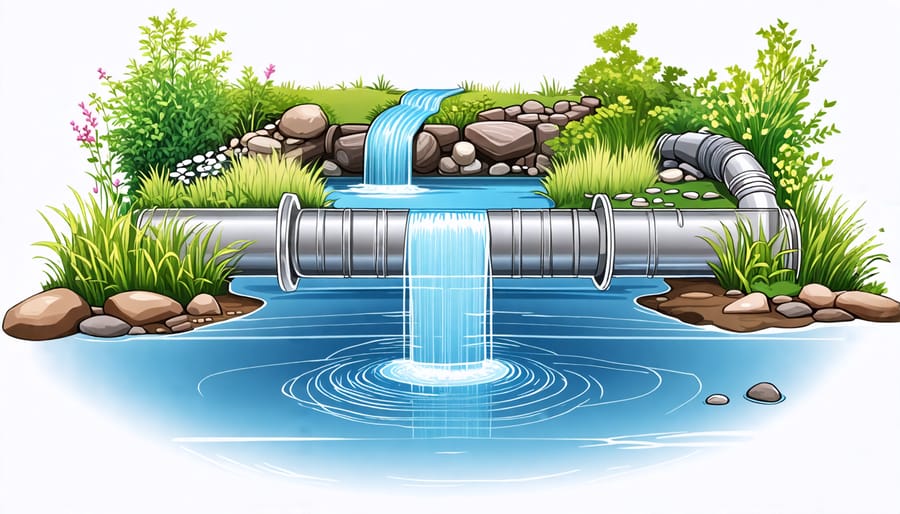 Illustration of an overflow drain pipe system within a pond, detailing its key parts and function