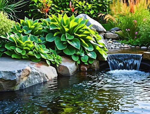 Tranquil pond with a discreetly placed overflow drain system, surrounded by rocks and plants, maintaining optimal water levels and enhancing the landscape's aesthetic beauty.