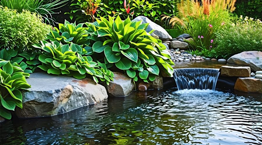 Tranquil pond with a discreetly placed overflow drain system, surrounded by rocks and plants, maintaining optimal water levels and enhancing the landscape's aesthetic beauty.