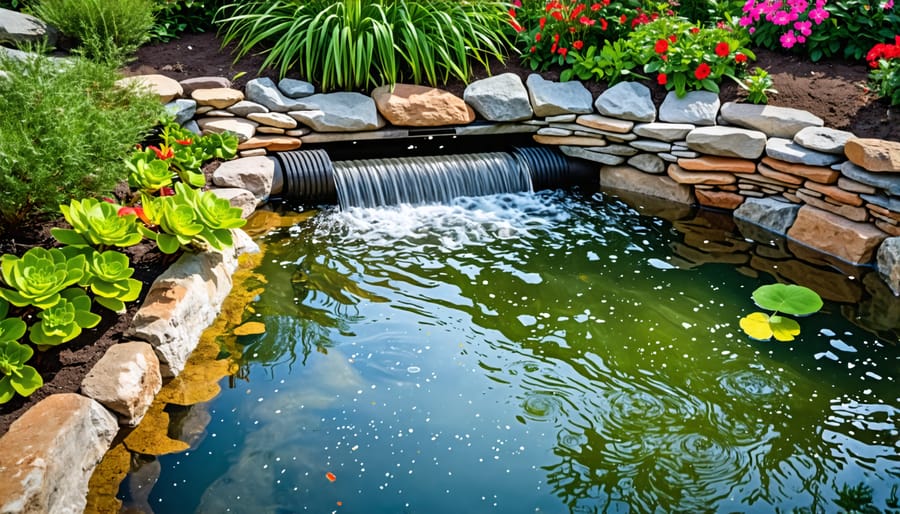 Sequential images showing the main stages of overflow drain pipe installation in a real pond setting