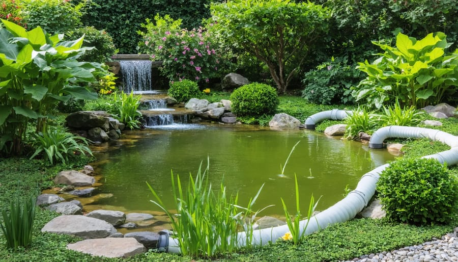 Pond strategically located in a garden for efficient irrigation