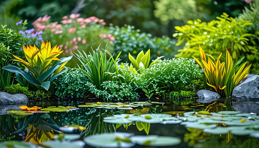 Collection of pond plants including lilies, reeds, and submerged vegetation