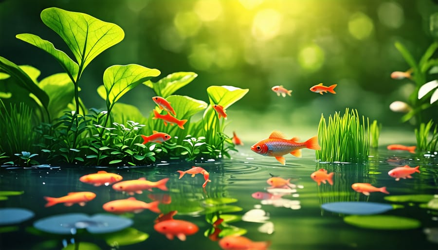 Aquatic plants and fish in a healthy pond ecosystem