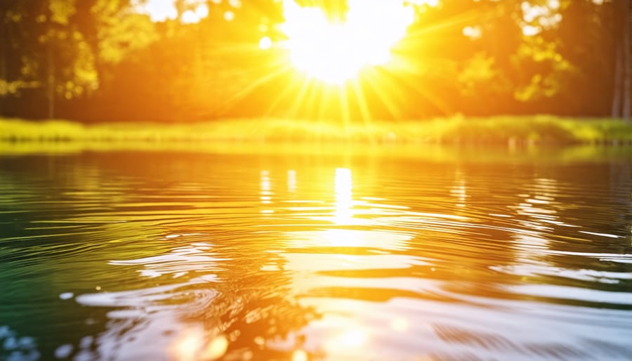 Sunlight illuminating a pond, fueling photosynthesis in aquatic plants