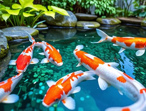 A tranquil koi pond with colorful koi fish swimming in clear water, accompanied by a digital thermometer to monitor water temperature.