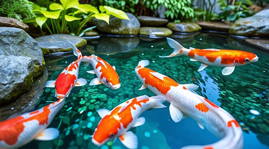 A tranquil koi pond with colorful koi fish swimming in clear water, accompanied by a digital thermometer to monitor water temperature.