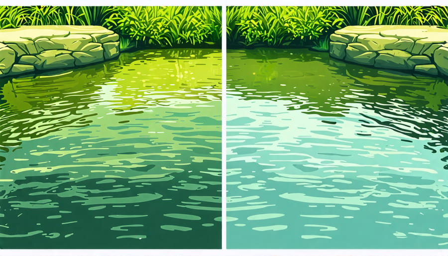 Contrasting images demonstrating the difference between a poorly maintained and well-maintained pond