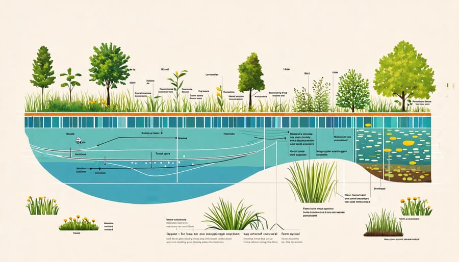 Conceptual diagram showing pH, dissolved oxygen, ammonia, phosphates, hardness, and turbidity in a pond