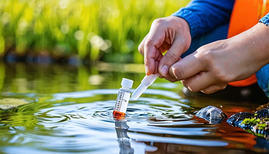 Water gardener measuring pond water parameters with a test kit