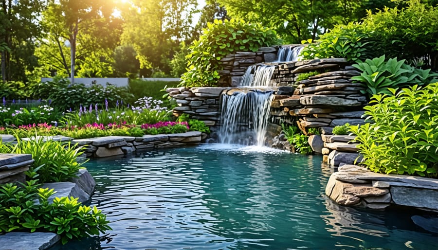 Pond with a waterfall feature that helps circulate water and adds to its beauty